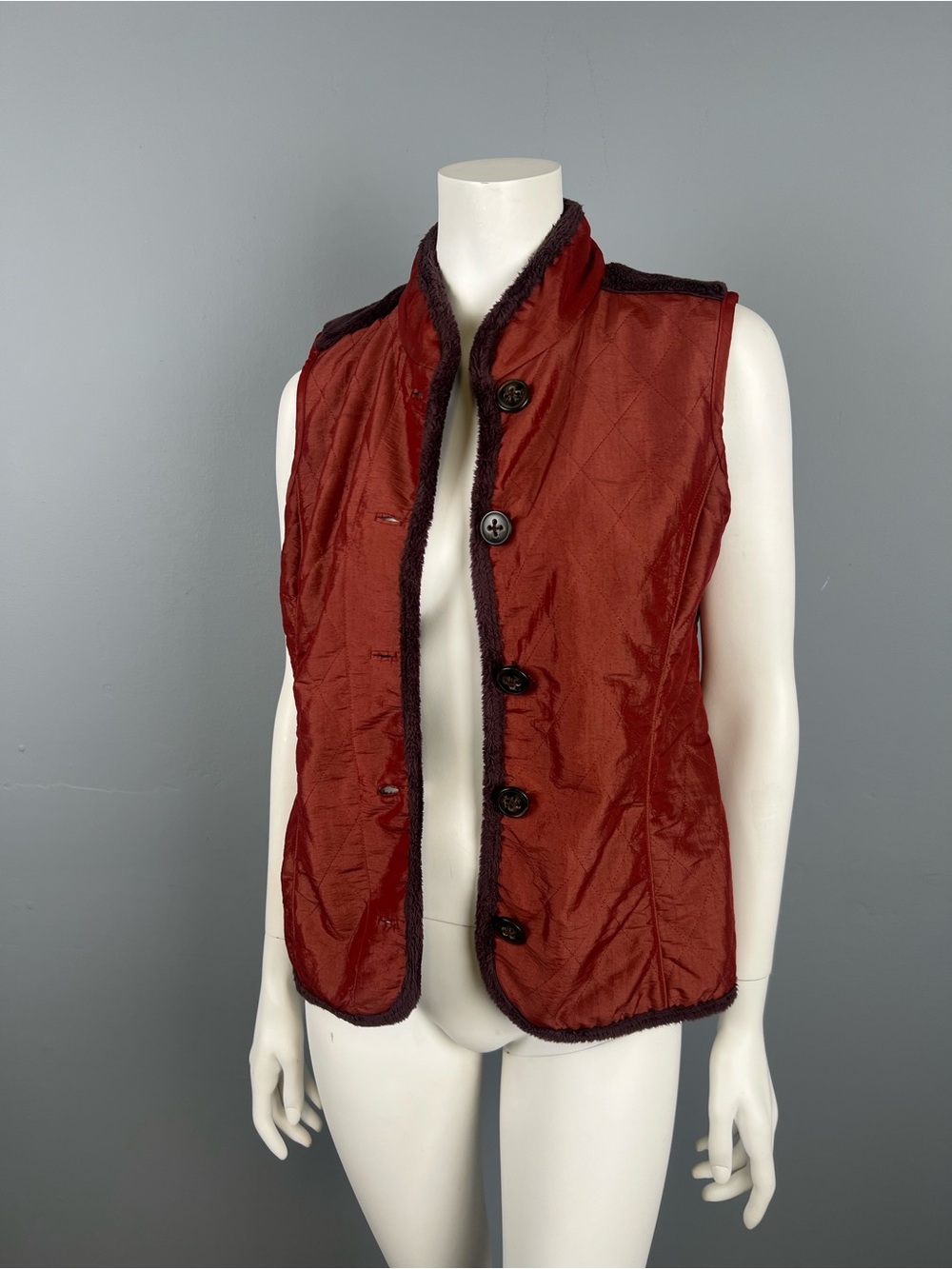 Women’s Quilted Shiny Copper and Furry Burgundy Trim Button-Front Vest - Revers
